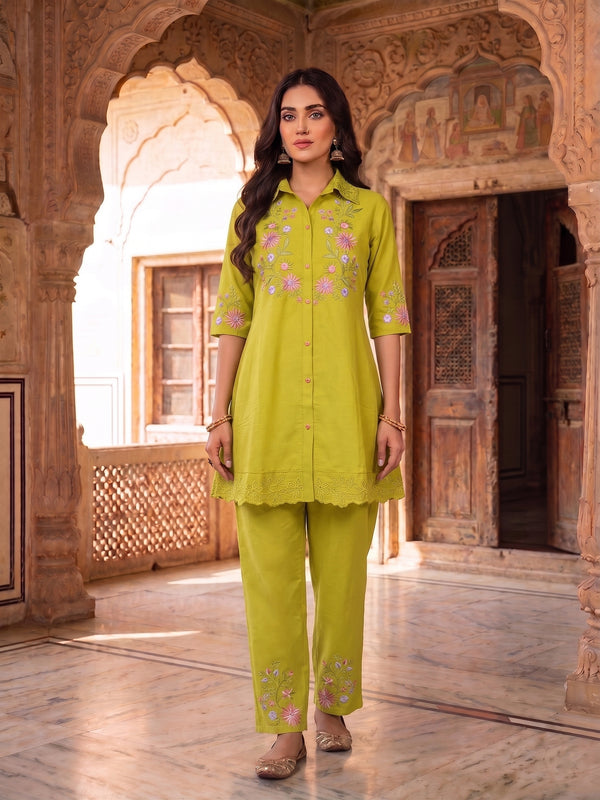 Floral Embroidered Shirt with Trousers