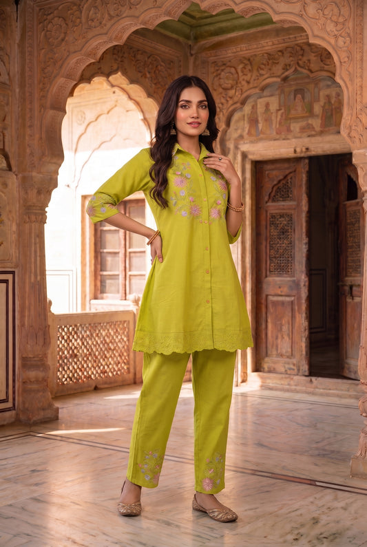Floral Embroidered Shirt with Trousers
