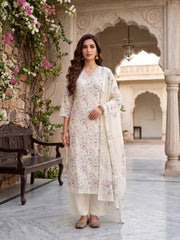 Women Floral Printed Regular Thread Work Linen Kurta with Trousers & With Dupatta