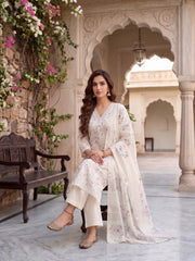 Women Floral Printed Regular Thread Work Linen Kurta with Trousers & With Dupatta