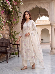 Women Floral Printed Regular Thread Work Linen Kurta with Trousers & With Dupatta