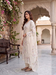 Women Floral Printed Regular Thread Work Linen Kurta with Trousers & With Dupatta