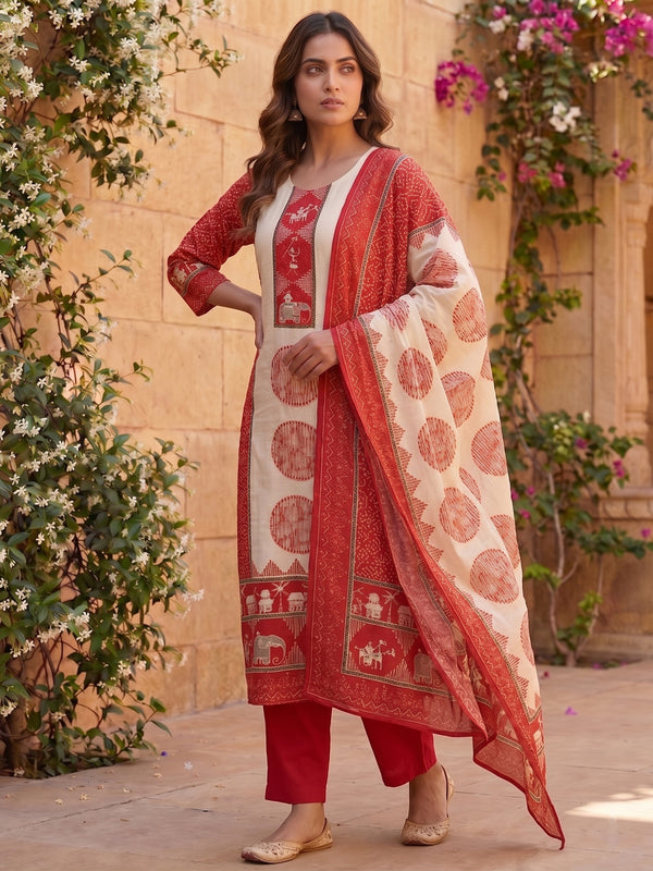 Women Ethnic Motifs Printed Regular Pure Silk Kurta with Trousers & With Dupatta