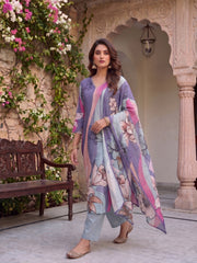 Women Floral Printed Regular Pure Silk Kurta with Trousers & With Dupatta