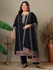 Women Plus Size Zari Embroidered Kurta with Trousers & Dupatta