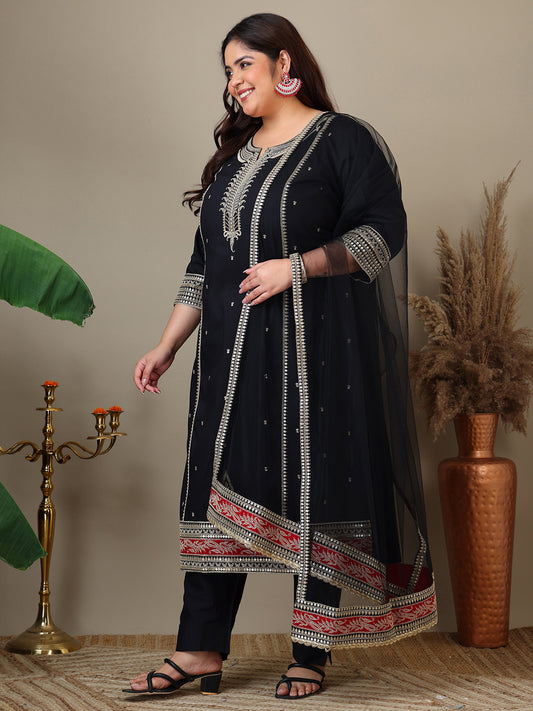 Women Plus Size Zari Embroidered Kurta with Trousers & Dupatta