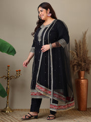 Women Plus Size Zari Embroidered Kurta with Trousers & Dupatta
