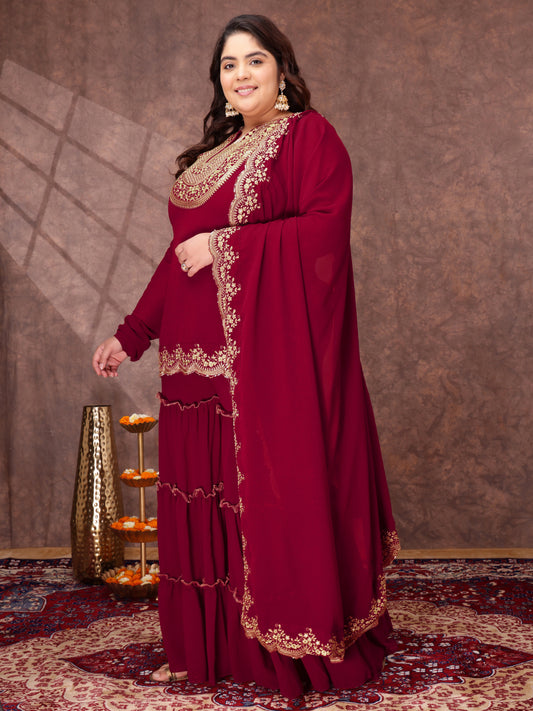Floral Yoke Design Thread Work Georgette Straight Kurta With Sharara & Dupatta