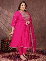 Floral Yoke Design Sequinned Anarkali Kurta With Palazzos & Dupatta