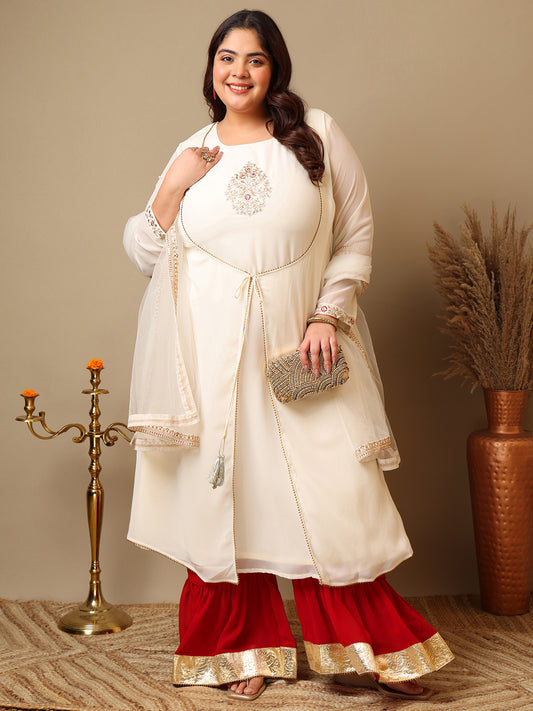 Ethnic Motifs Embroidered Panelled A-Line Zari Kurta With Sharara & Dupatta