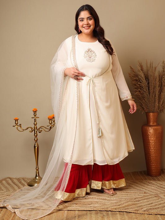 Ethnic Motifs Embroidered Panelled A-Line Zari Kurta With Sharara & Dupatta