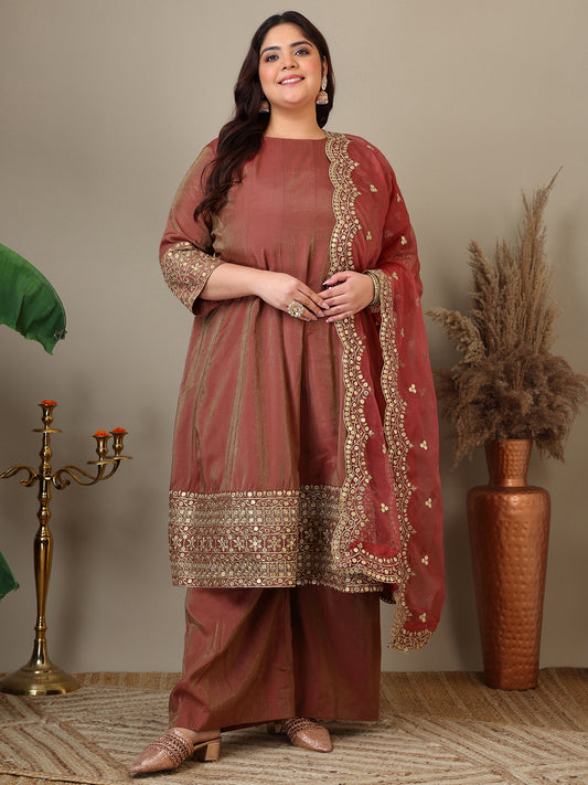 Plus Size Floral Embroidered Sequinned Kurta with Palazzos & Dupatta