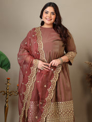 Plus Size Floral Embroidered Sequinned Kurta with Palazzos & Dupatta