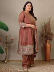 Plus Size Floral Embroidered Sequinned Kurta with Palazzos & Dupatta