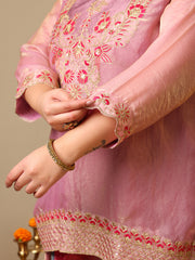 Plus Size Women Zari Thread Embroidered Crushed Organza Kurta Set with Dupatta