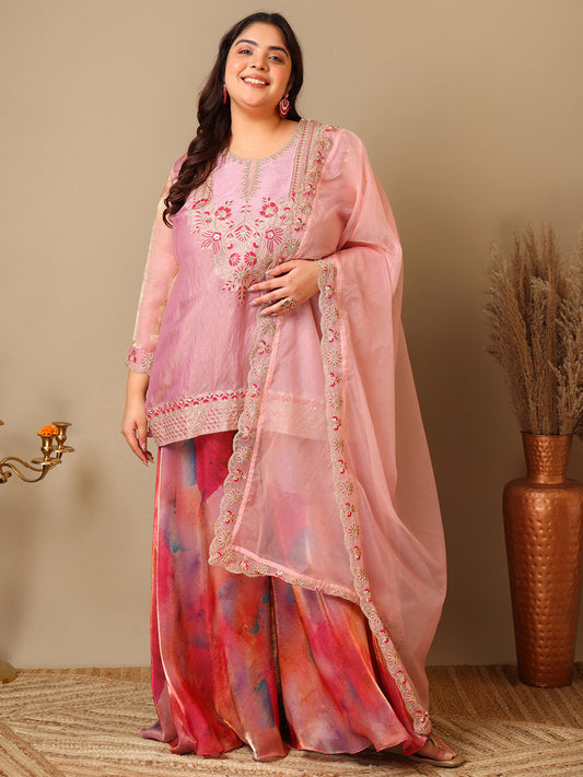 Plus Size Women Zari Thread Embroidered Crushed Organza Kurta Set with Dupatta