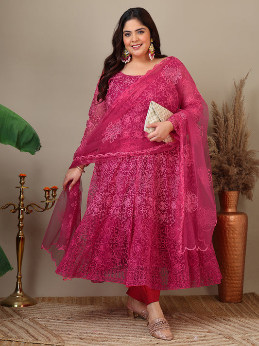 Women Plus Size Floral Embroidered A-Line Kurta with Trousers & Dupatta
