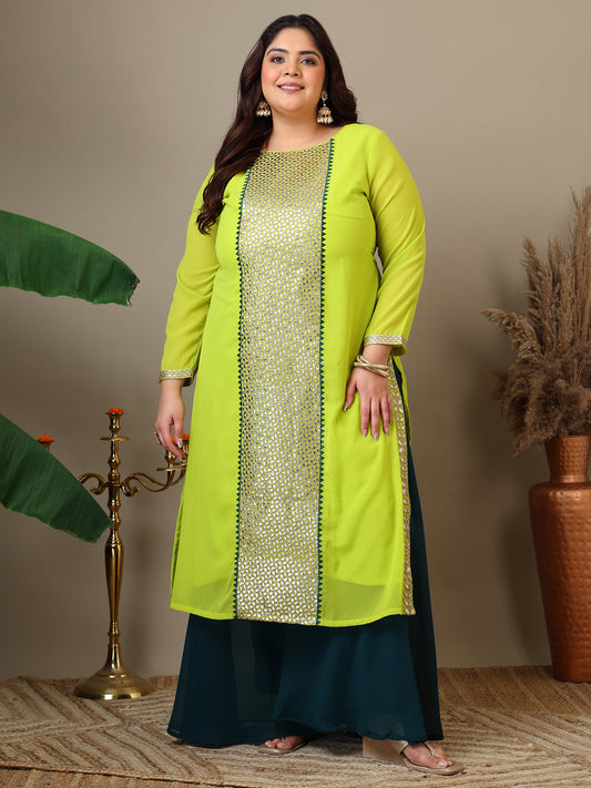 Women Plus Size Geometric Foil and Zari Embroidered Kurta Set with Dupatta