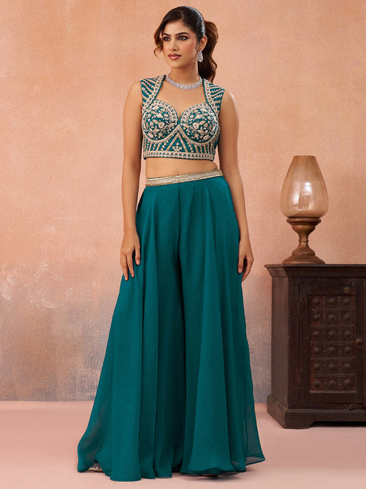 Teal-Blue-Organza-Beads-Embroidered-Crop-Top-with-Flared-Cape-and-Flared-Palazzo-Set