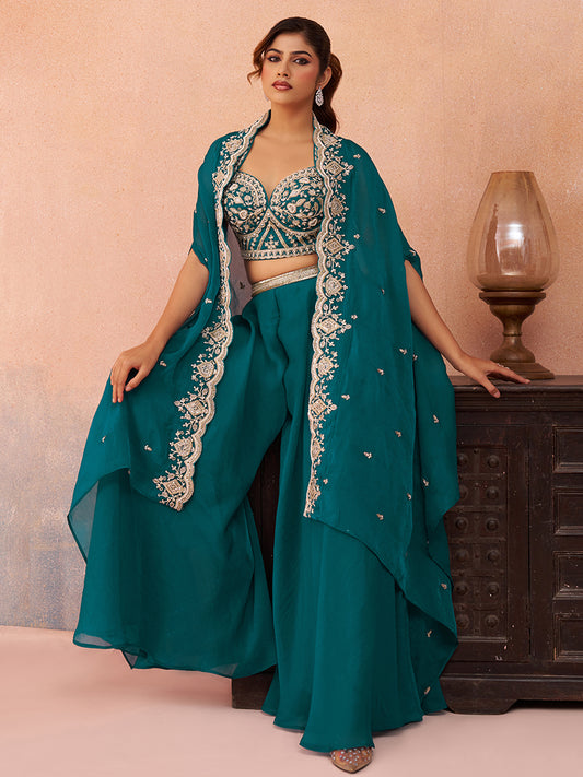 Teal-Blue-Organza-Beads-Embroidered-Crop-Top-with-Flared-Cape-and-Flared-Palazzo-Set