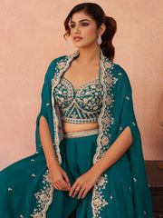 Teal-Blue-Organza-Beads-Embroidered-Crop-Top-with-Flared-Cape-and-Flared-Palazzo-Set