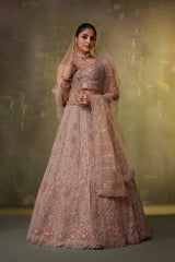 Beige Net Fabric Sequins embroidery Semi Stitched Lehenga and Unstitched Blouse With Dupatta