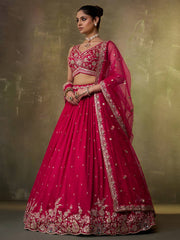 Red Georgette Fabric Sequins Thread and Embroidery Semi Stitched Lehenga and Unstitched Blouse With Dupatta