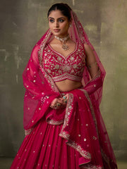 Red Georgette Fabric Sequins Thread and Embroidery Semi Stitched Lehenga and Unstitched Blouse With Dupatta