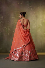 ORANGE Organza Fabric Sequins Thread and Embroidery Semi Stitched Lehenga and Unstitched Blouse With Dupatta