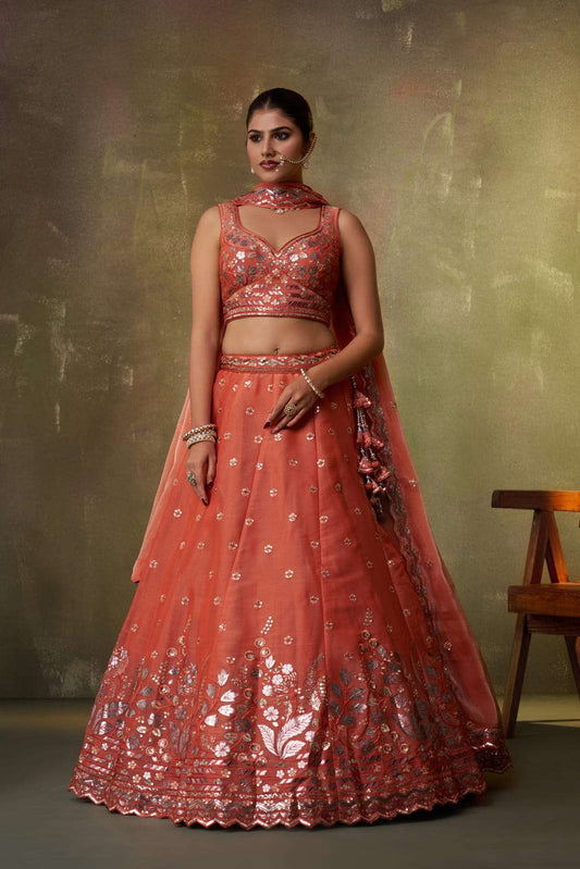 ORANGE Organza Fabric Sequins Thread and Embroidery Semi Stitched Lehenga and Unstitched Blouse With Dupatta