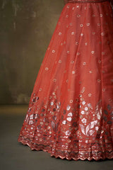 ORANGE Organza Fabric Sequins Thread and Embroidery Semi Stitched Lehenga and Unstitched Blouse With Dupatta