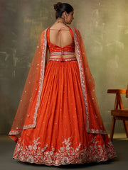 Orange Georgette Fabric Sequins Thread and Embroidery Semi Stitched Lehenga and Unstitched Blouse With Dupatta