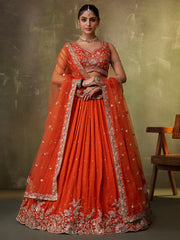 Orange Georgette Fabric Sequins Thread and Embroidery Semi Stitched Lehenga and Unstitched Blouse With Dupatta