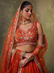 Orange Georgette Fabric Sequins Thread and Embroidery Semi Stitched Lehenga and Unstitched Blouse With Dupatta