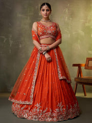 Orange Georgette Fabric Sequins Thread and Embroidery Semi Stitched Lehenga and Unstitched Blouse With Dupatta