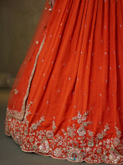 Orange Georgette Fabric Sequins Thread and Embroidery Semi Stitched Lehenga and Unstitched Blouse With Dupatta