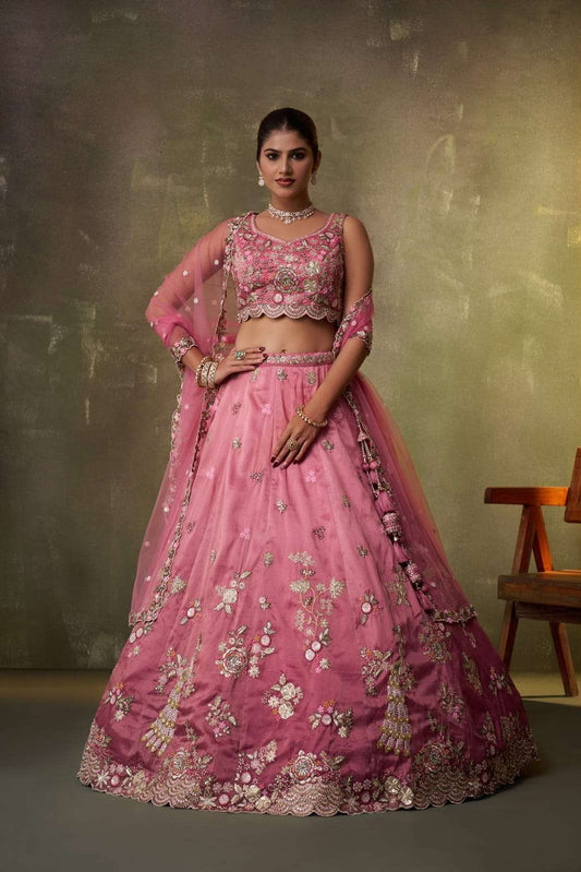Pink Tissue Fabric Sequins embroidery Semi Stitched Lehenga and Unstitched Blouse With Dupatta