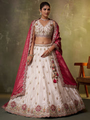 Beige  Tissue Fabric Sequins Thread and Embroidery Semi Stitched Lehenga and Unstitched Blouse With Dupatta