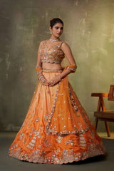 Orange Tissue Fabric Sequins embroidery Semi Stitched Lehenga and Unstitched Blouse With Dupatta