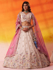 Beige Tissue Fabric Sequins Thread and Embroidery Semi Stitched Lehenga and Unstitched Blouse With Dupatta