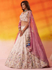 Beige Tissue Fabric Sequins Thread and Embroidery Semi Stitched Lehenga and Unstitched Blouse With Dupatta