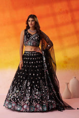 BLACK Net Fabric Sequins Thread and Embroidery Semi Stitched Lehenga and Unstitched Blouse With Dupatta