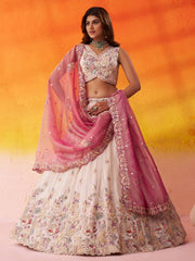 Beige Tissue Fabric Sequins Thread and Embroidery Semi Stitched Lehenga and Unstitched Blouse With Dupatta