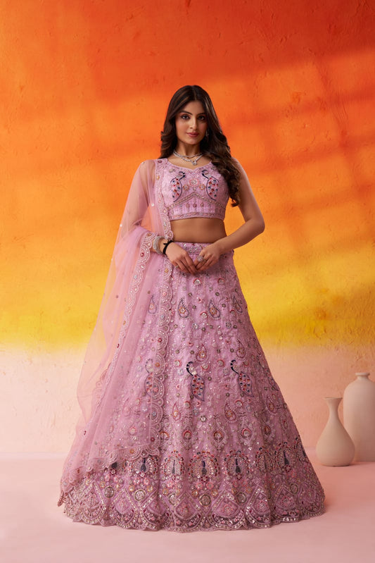 Pink Net Fabric Sequins embroidery Semi Stitched Lehenga and Unstitched Blouse With Dupatta