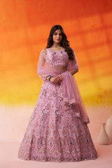 Pink Net Fabric Sequins embroidery Semi Stitched Lehenga and Unstitched Blouse With Dupatta