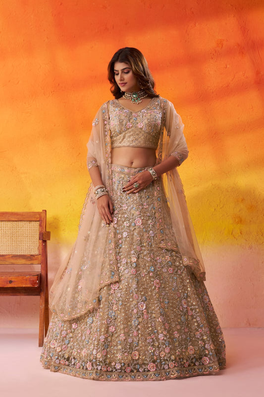 Beige Net Fabric Sequins embroidery Semi Stitched Lehenga and Unstitched Blouse With Dupatta