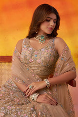 Beige Net Fabric Sequins embroidery Semi Stitched Lehenga and Unstitched Blouse With Dupatta
