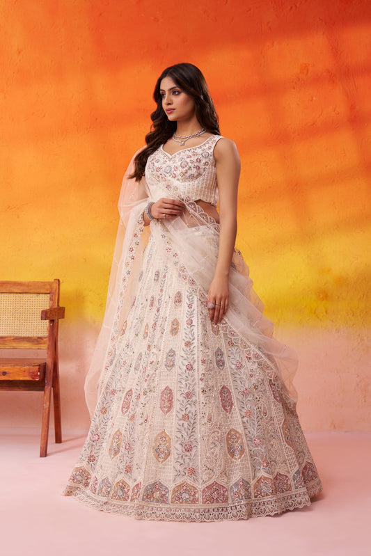 Cream Net Fabric Sequins embroidery Semi Stitched Lehenga and Unstitched Blouse With Dupatta