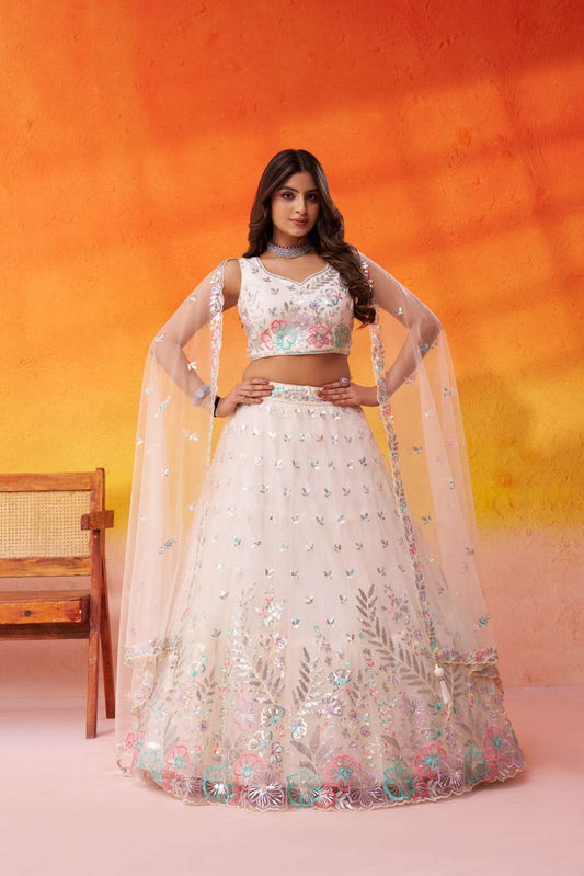 Cream Net Fabric Sequins Thread and Embroidery Semi Stitched Lehenga and Unstitched Blouse With Dupatta