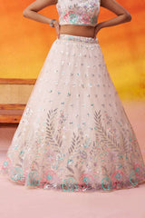 Cream Net Fabric Sequins Thread and Embroidery Semi Stitched Lehenga and Unstitched Blouse With Dupatta